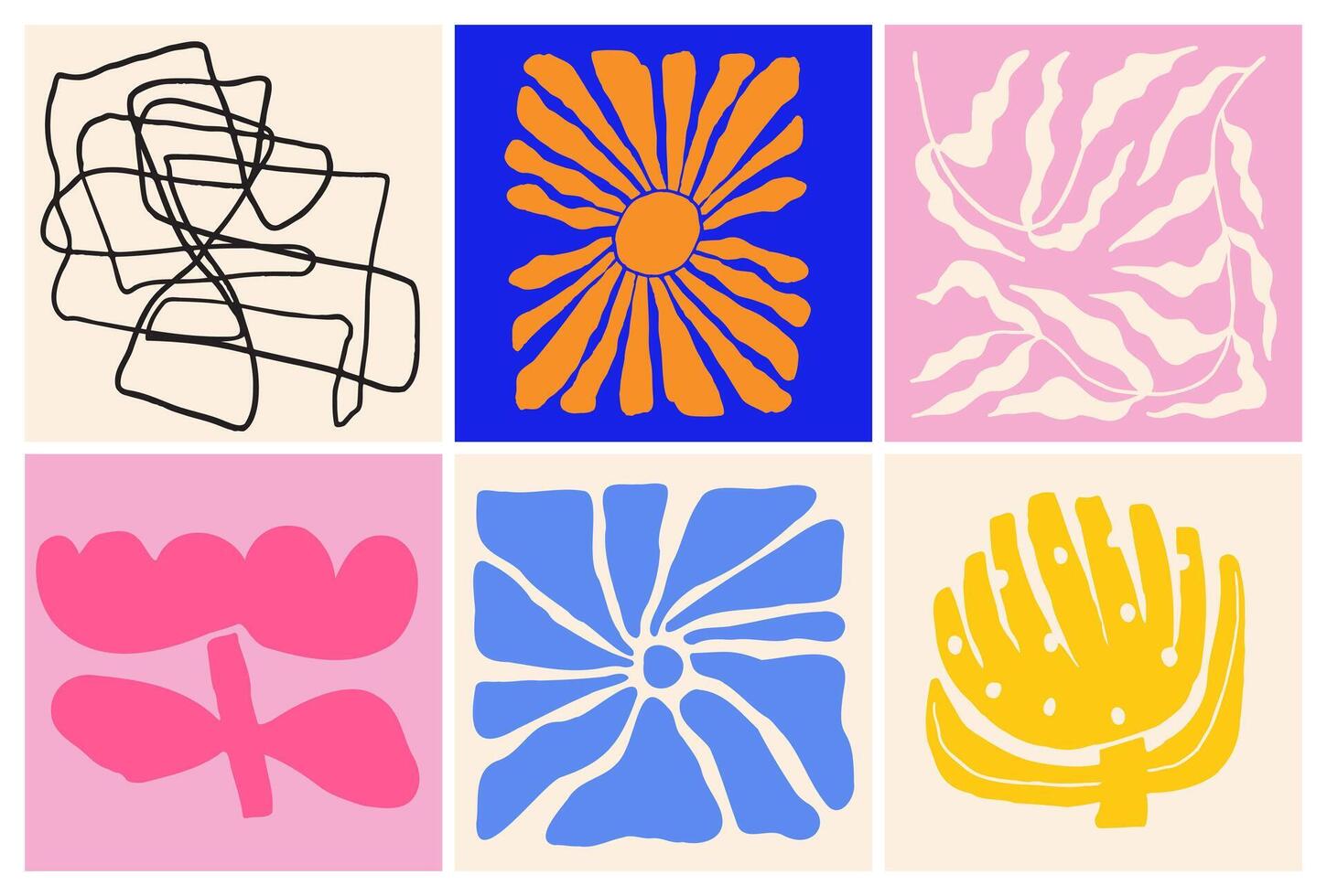 Abstract flower shape hand drawn poster set. Modern, naive painting style with groovy, funky elements perfect for interior decoration vector