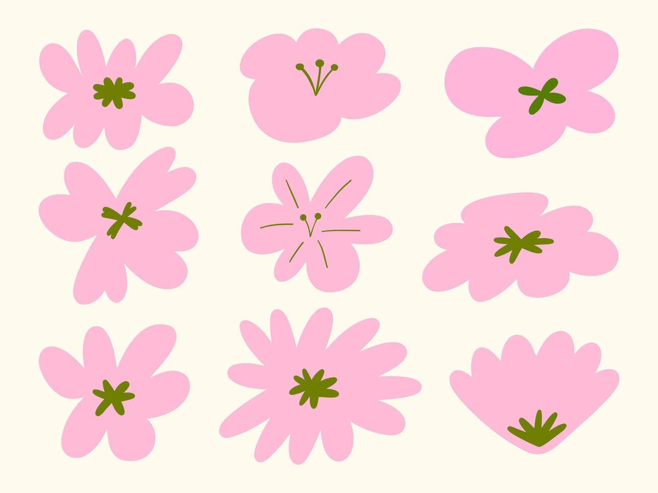 Abstract Hand Drawn Sakura Flower Shapes. A collection of 9 abstract hand-drawn sakura flower shapes in soft pink with green accents. Perfect for floral designs, stickers, and decorative elements vector