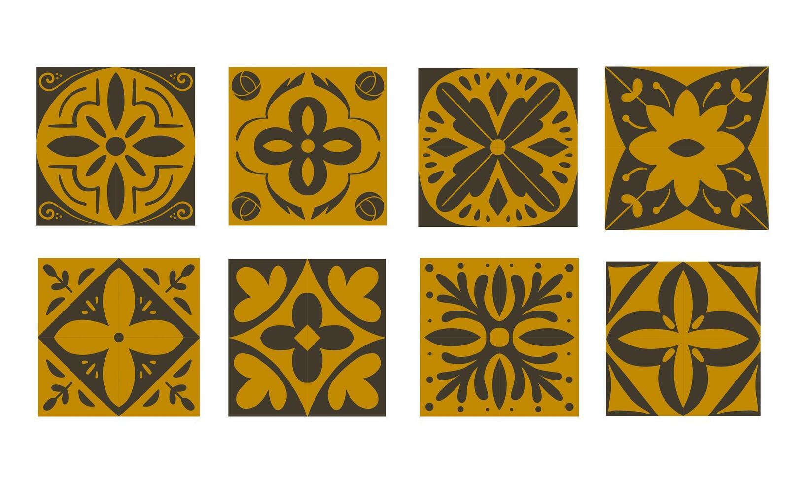 Golden tile bundle with floral and geometric motifs including swirls, starbursts, cloverleaf patterns, and cross shapes. Perfect for rustic and vintage designs. vector