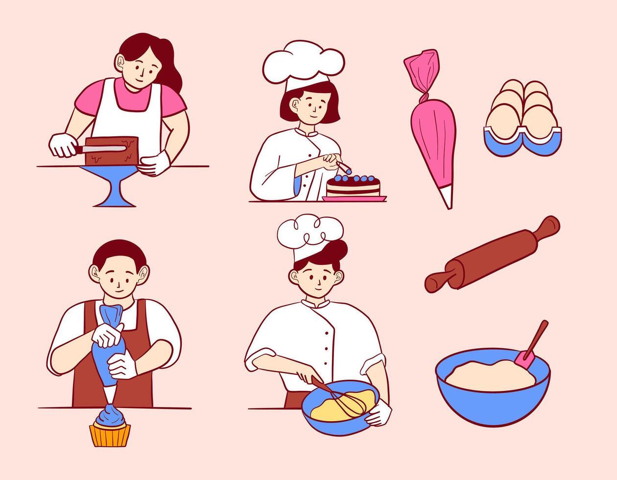 Pastry Chef Baking Set. A collection of 8 pastry chef-themed illustrations featuring chocolate desserts and baking tools. Perfect for food-related designs, bakeries, or recipe projects vector