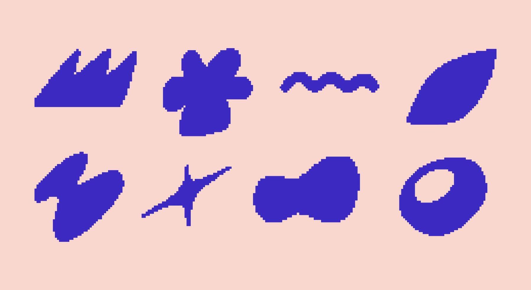 Pixel Abstract Shape Collection. A set of 8 pixelated abstract shapes in a modern style, ideal for logos, digital art, retro-inspired designs, and creative branding projects vector