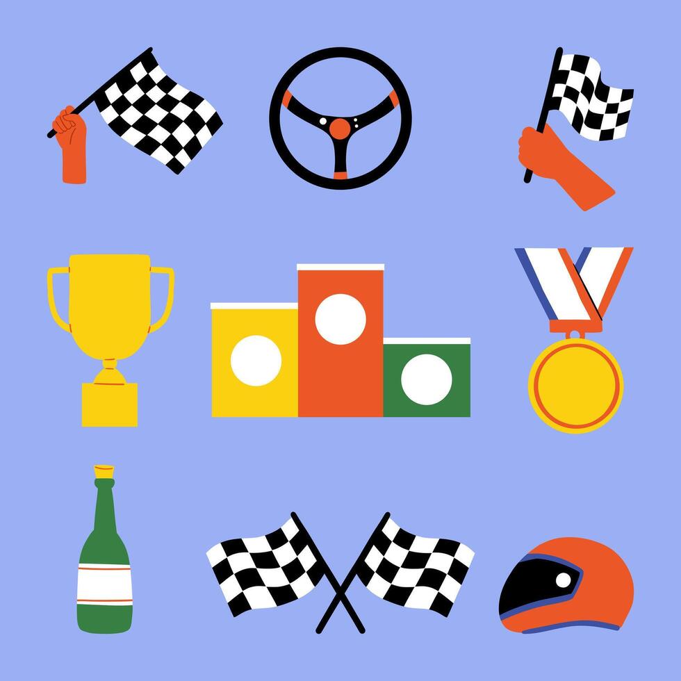 Racing Essentials Icon Set. A set of nine racing-themed illustrations, including checkered flags, trophy, podium, steering wheel, and helmet, capturing key symbols in motorsport vector
