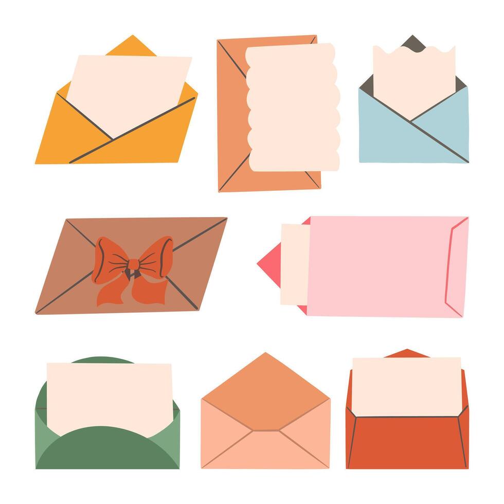 Hand Drawn Envelopes with Inserts Ribbons and Decorative Edges. A versatile collection of hand-drawn envelope designs featuring inserts, scalloped edges, and minimalist styles for creative projects vector