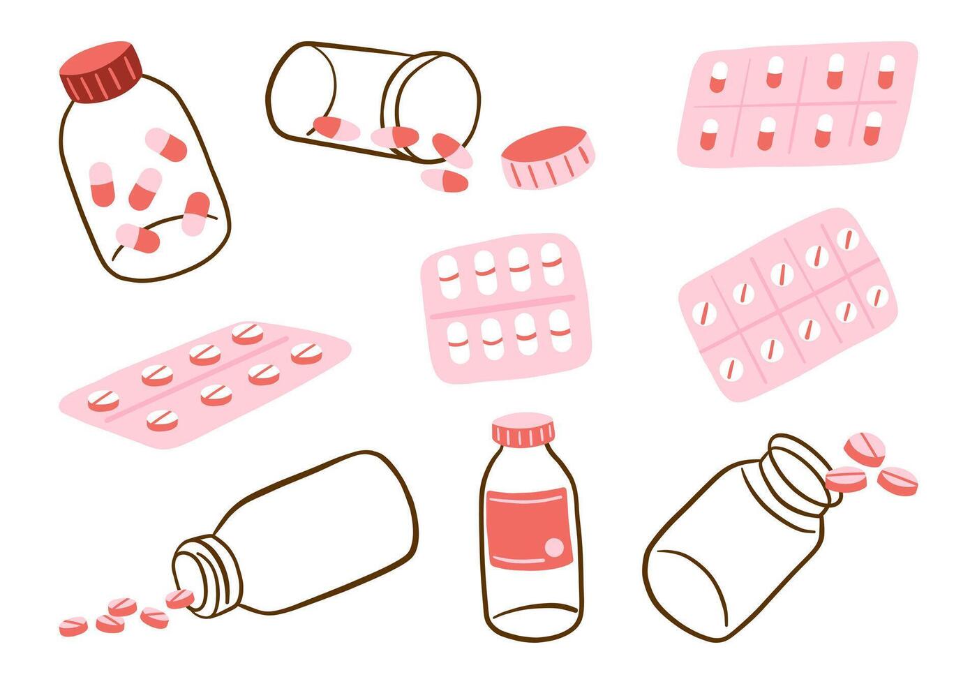 Medicine and Pharmacy Icon Set. A collection of nine illustrated medicine-themed designs, including bottles, capsules, tablets, and blister packs. Perfect for healthcare, and educational projects vector