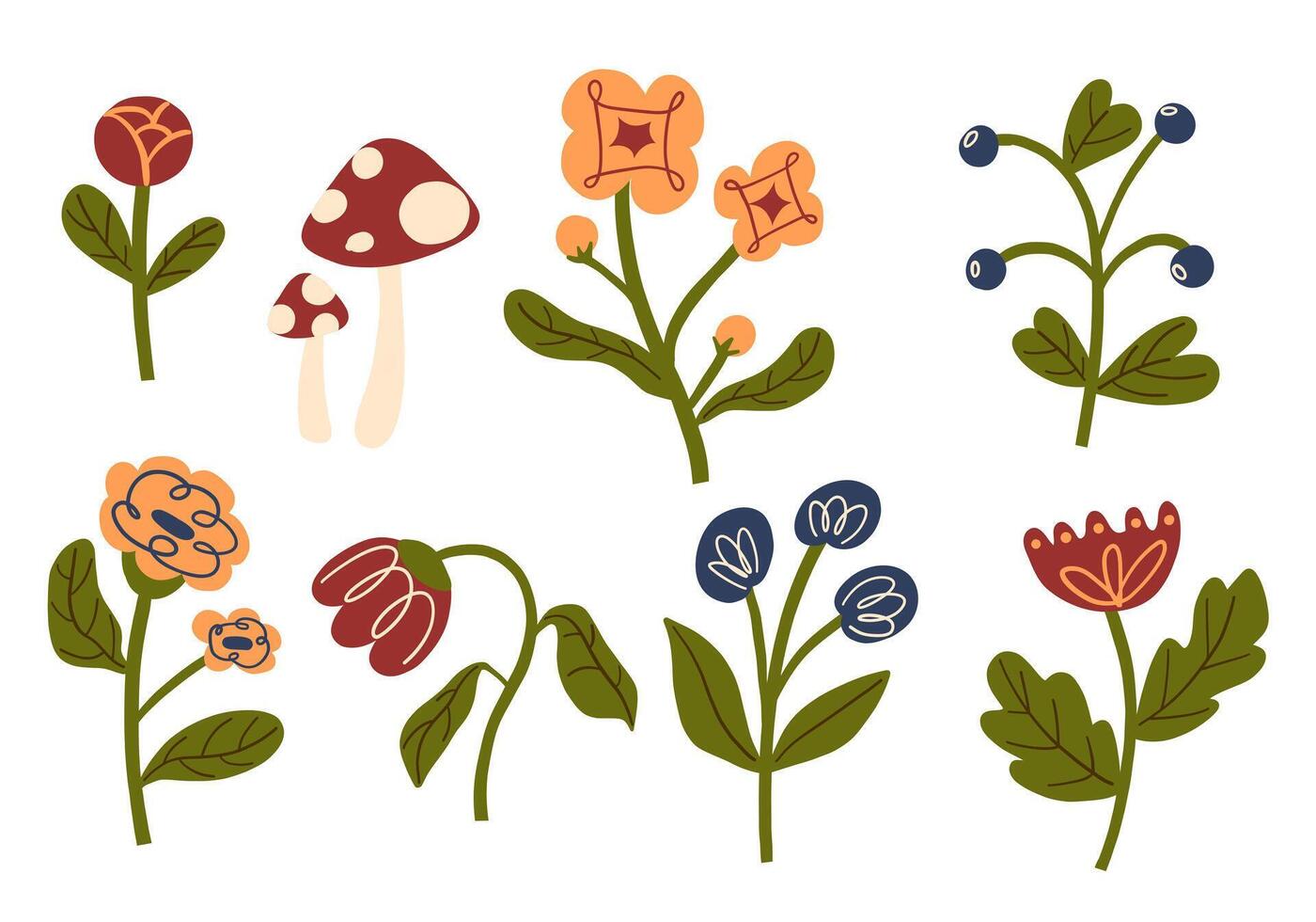 Nature Inspired Floral and Mushroom Set. A collection of eight illustrations, featuring rosebuds, mushrooms, berries, and decorative flowers. Perfect for botanical, nature-themed projects vector