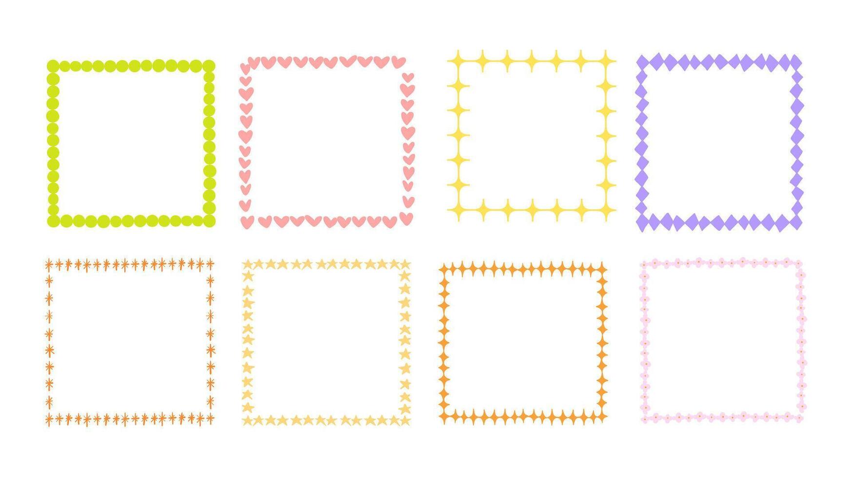 Decorative Frame Collection Vibrant Pattern. A collection of 8 decorative square frames with bold patterns, featuring hearts, flowers, stars, and geometric shapes in pastel and vibrant colors vector