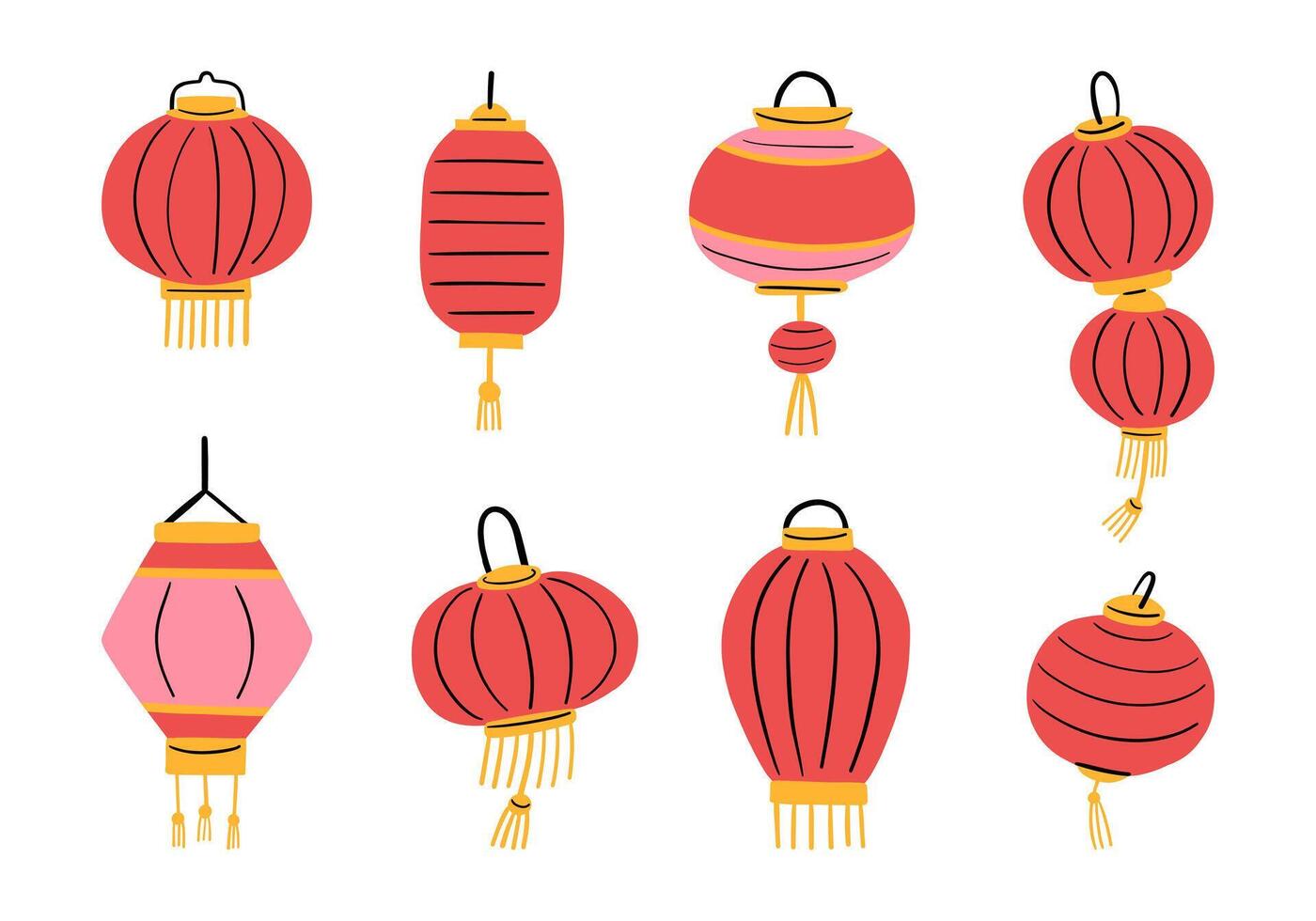 Assorted Decorative Paper Lantern. A set of 8 decorative paper lanterns, each unique, perfect for festivals, events, and ambient lighting decor vector