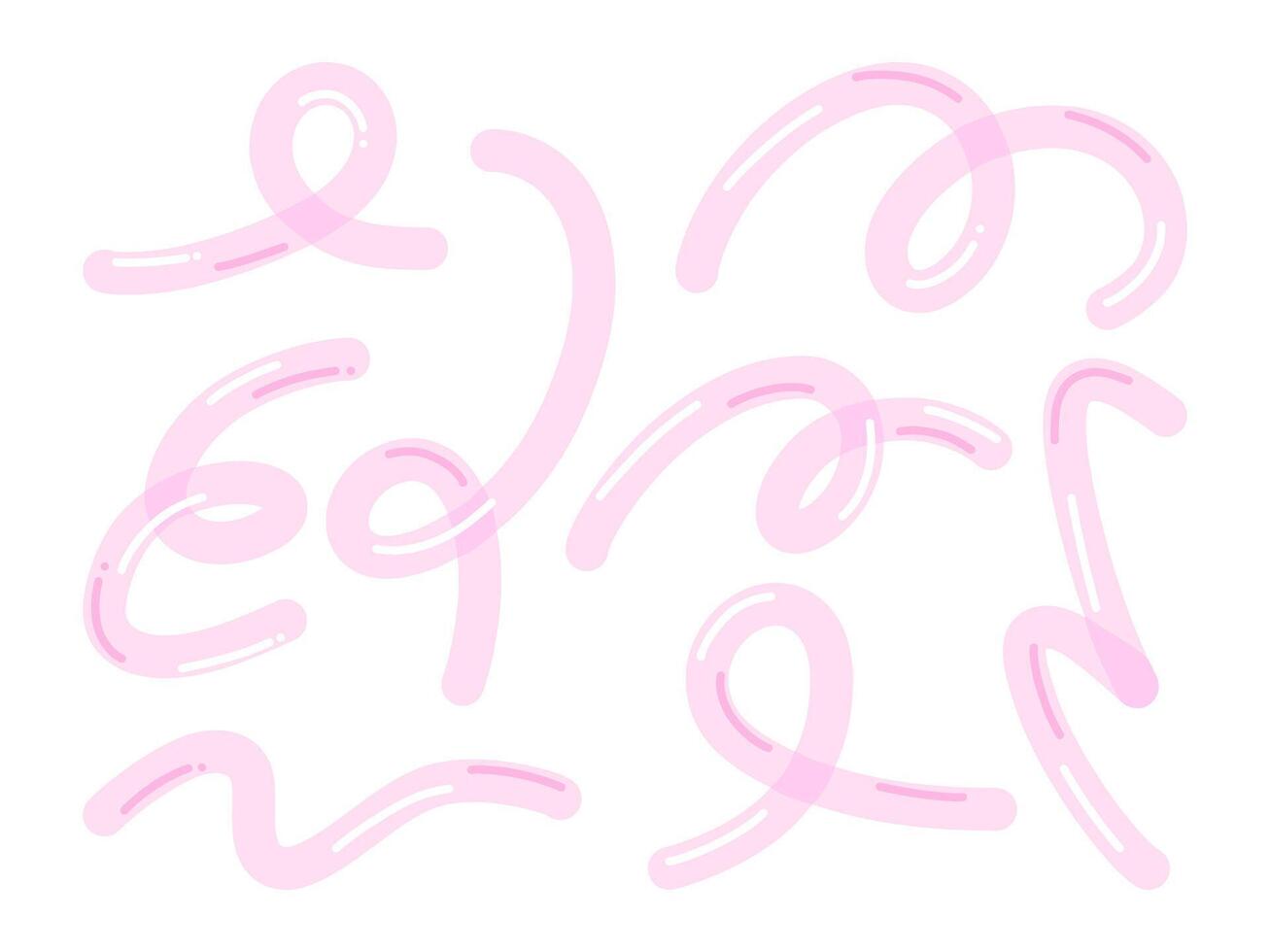 Collection of 8 pastel pink abstract swirls, loops, and ribbons featuring soft, flowing curves. Perfect for minimalist and creative design projects. vector