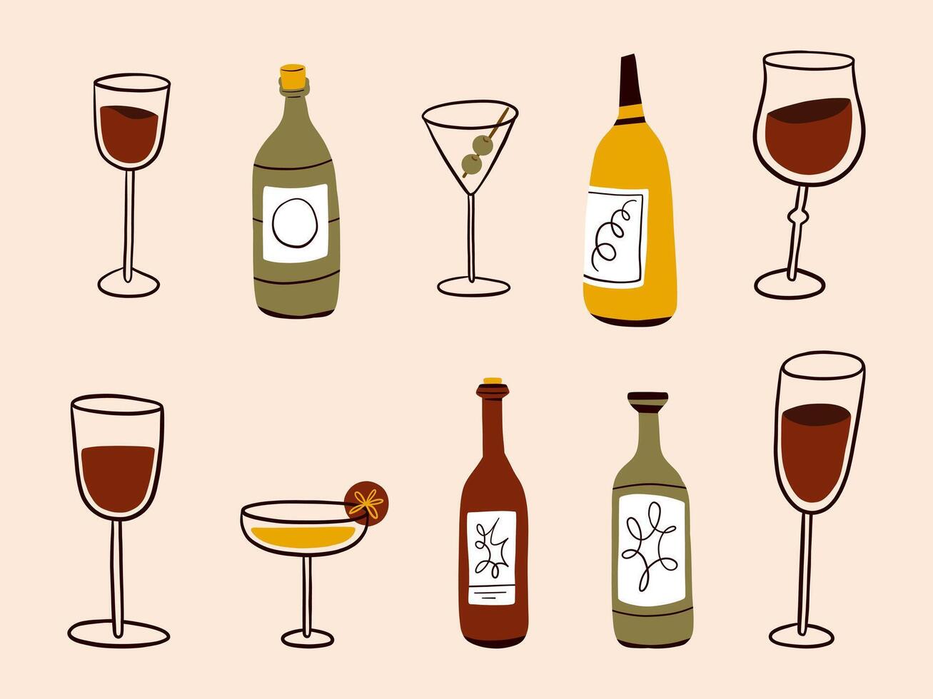 Drinkware and Bottle Illustration Collection. A set of ten drink-themed illustrations, featuring wine glasses, bottles, and cocktails. Ideal for beverage branding, bar decor, and party concepts vector