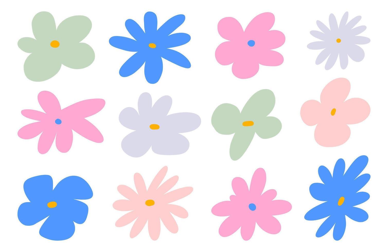 Hand Drawn Floral Elements with Daisies. A set of 12 hand-drawn floral designs featuring daisy, five-petal, and star-shaped flowers in pastel and bold colors for creative decor vector