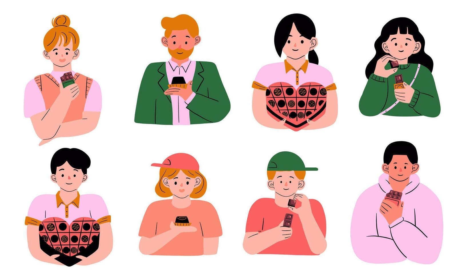 Happy People Enjoying Chocolate Collection. A collection of hand-drawn illustrations featuring people happily enjoying various chocolate treats, perfect for World Chocolate Day designs vector