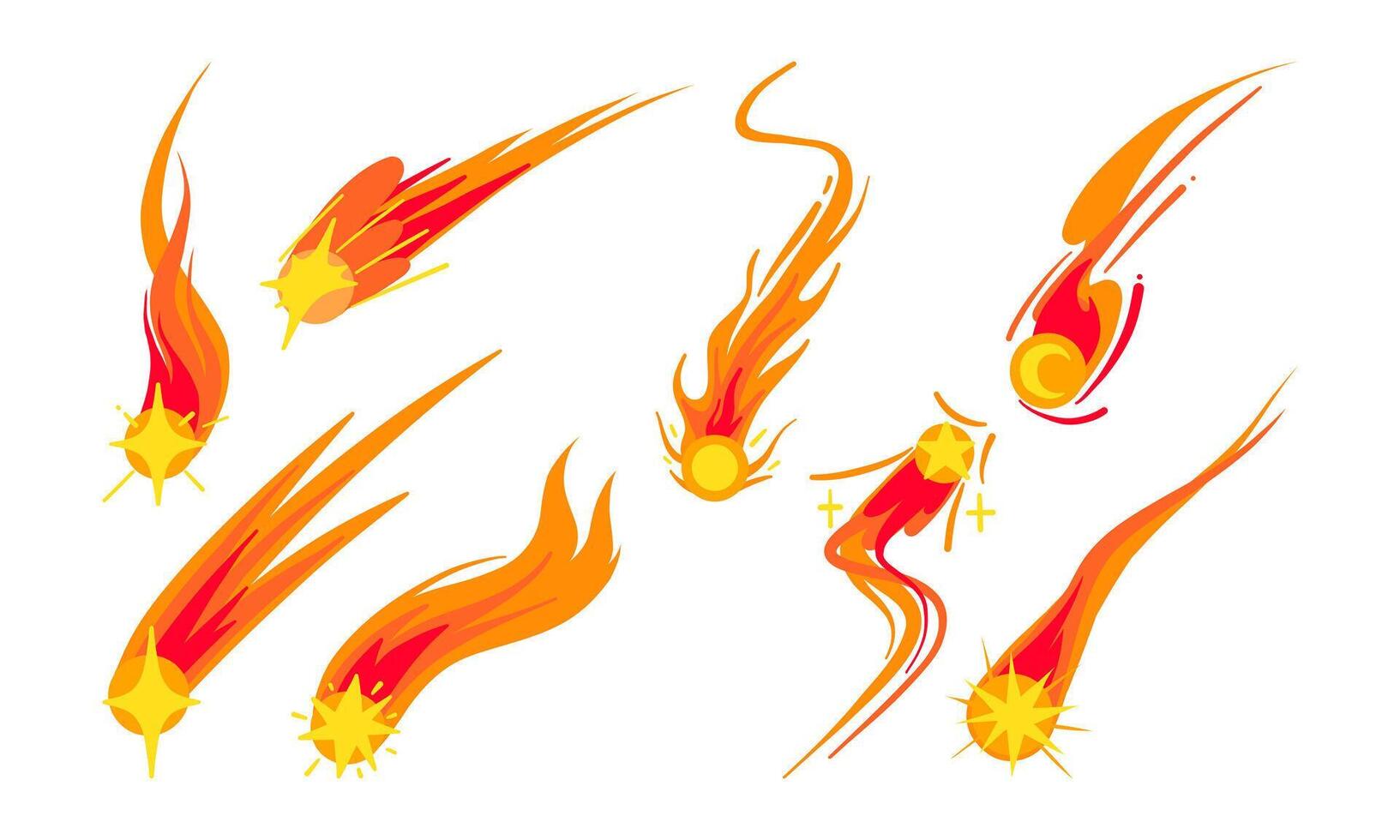 Fiery Comet and Shooting Star Collection. A collection of 8 fiery comets and shooting stars with glowing cores, dynamic flames, and bold celestial designs for cosmic-themed visuals vector