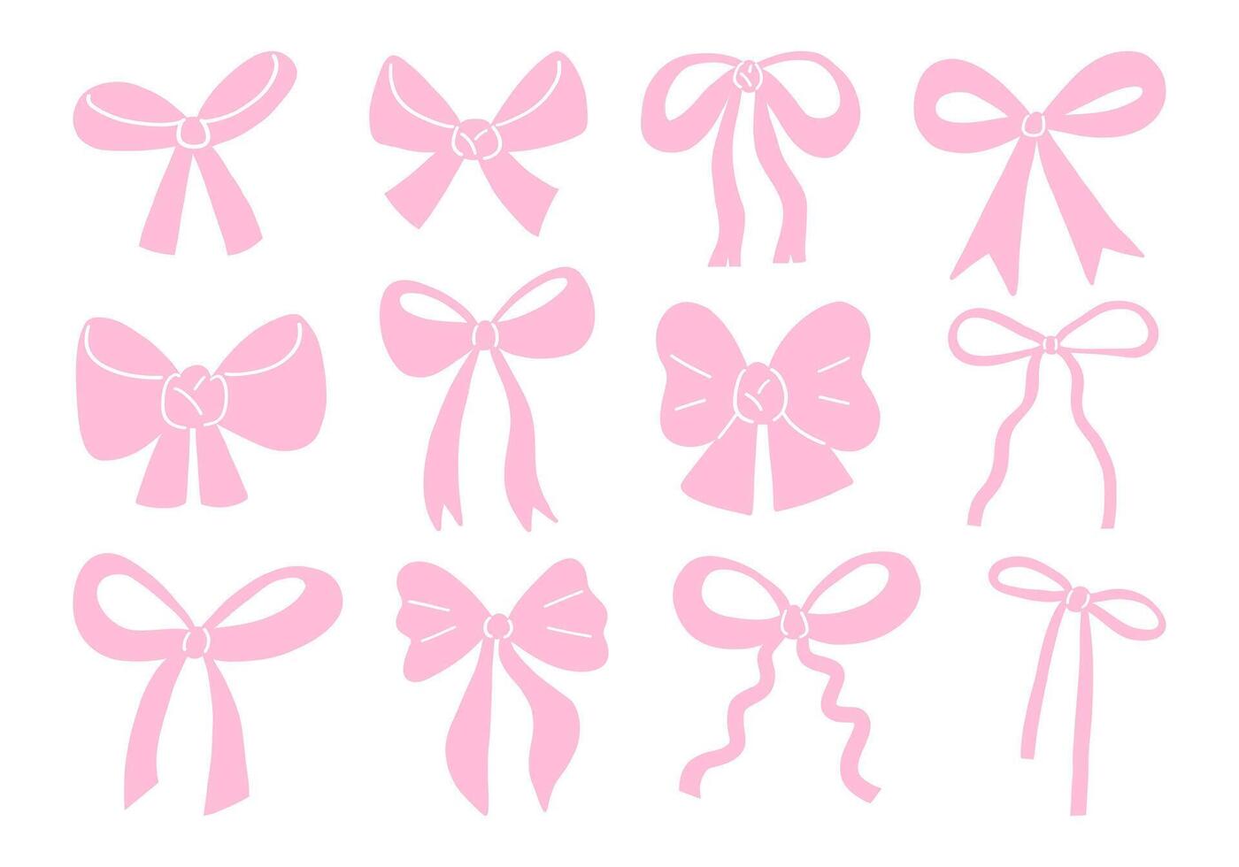 Hand Drawn Pastel Ribbon Bow Shape. A collection of hand-drawn pastel ribbon bows with soft curves and elegant details. These feminine and decorative elements are perfect for gift wrapping vector