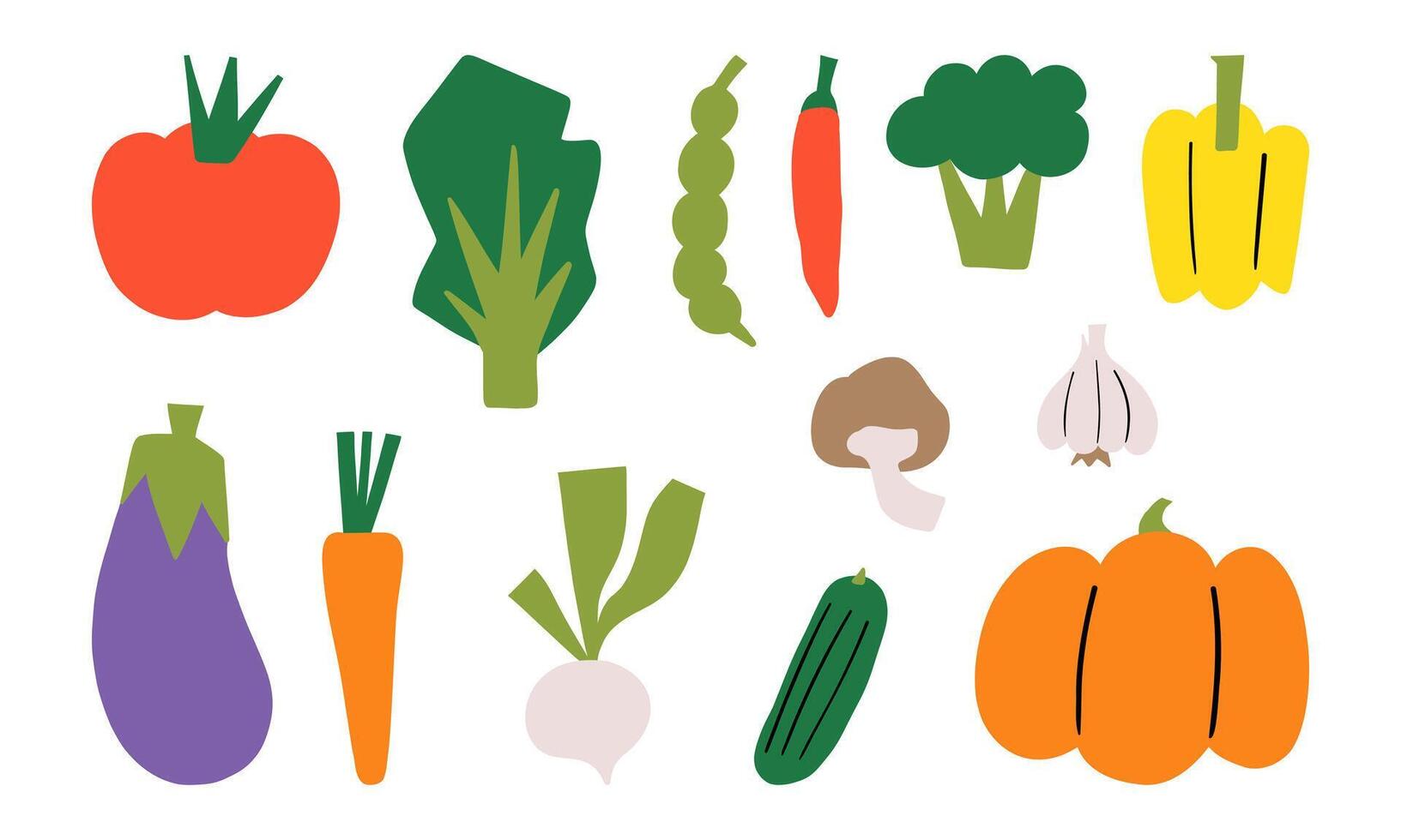 Hand Drawn Organic Vegetable Icons. A collection of 13 hand-drawn vegetable icons, perfect for healthy food, organic, and farm-to-table designs. Featuring a variety of fresh vegetables. vector