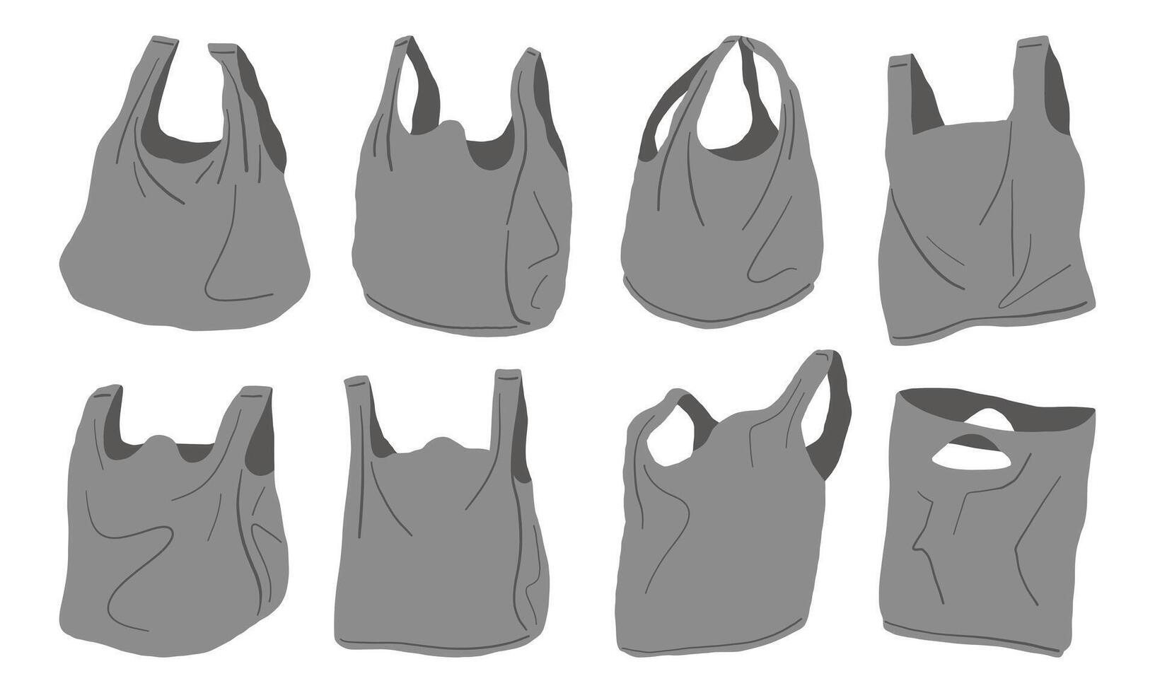Hand Drawn Plastic Bags with Crumpled Textures. A collection of 8 hand-drawn plastic bag designs featuring crumpled textures, open styles, and varied perspectives for creative or eco-conscious themes vector