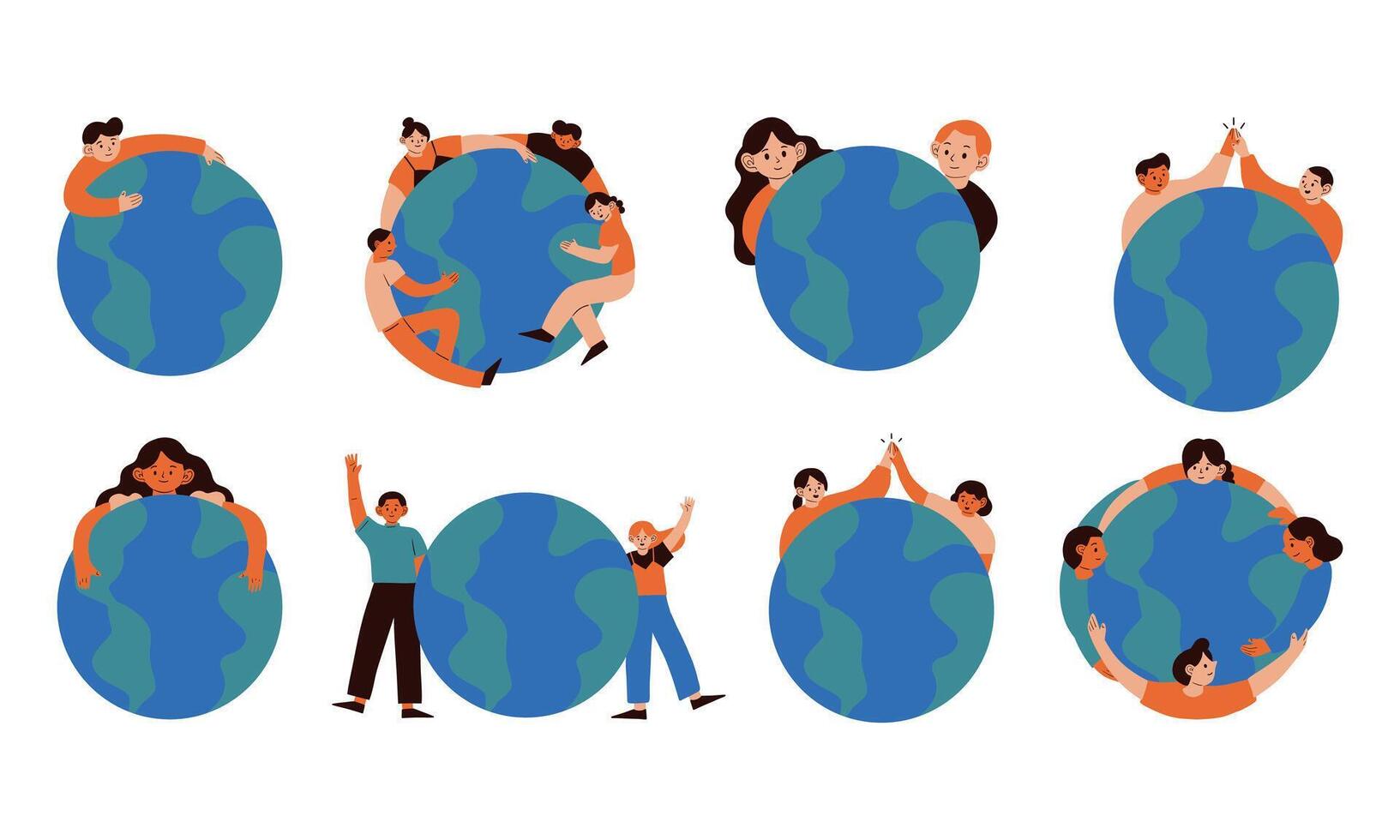 Global Unity People and Planet Collection. A vibrant collection of illustrations showcasing diverse individuals united around the Earth, promoting peace, humanity, and environmental harmony vector