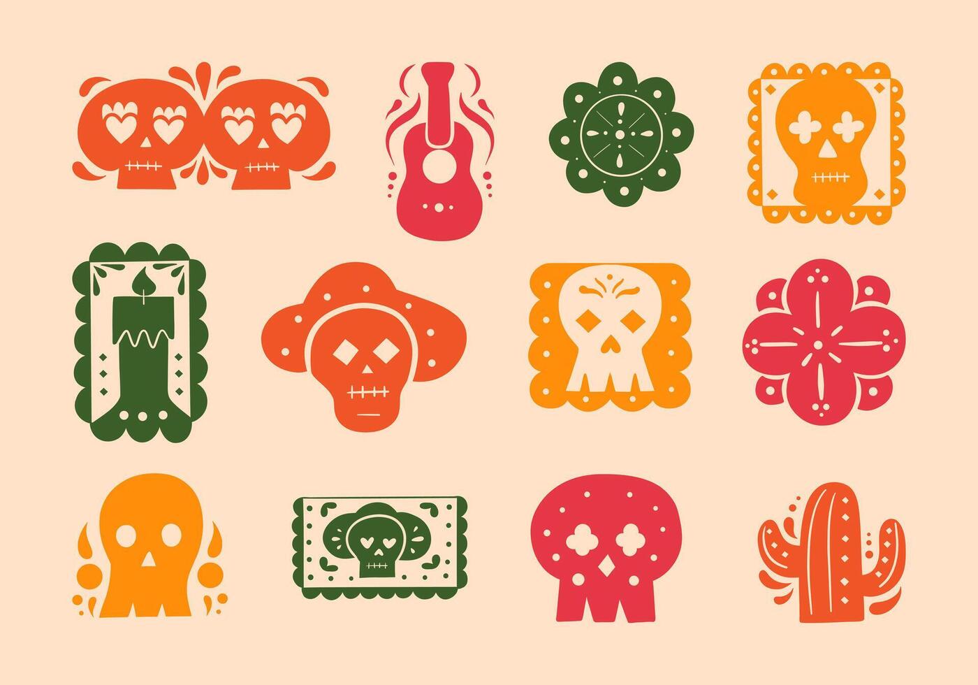 Vibrant Mexican Folk Art Dia de los Muertos Icons. A collection of colorful Dia de los Muertos-inspired icons featuring skulls, flowers, candles, and traditional Mexican symbols in a folk art style vector