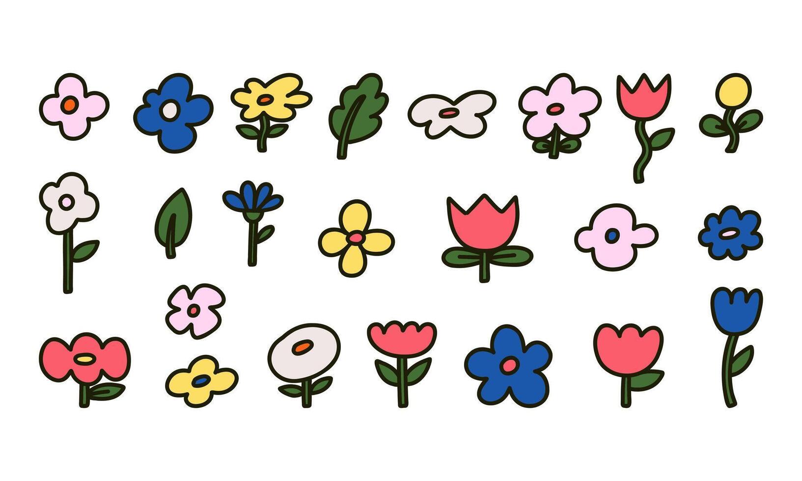 Hand Drawn Floral Icon Set. A collection of 23 hand-drawn floral icons featuring various flowers, petals, and leaves. Perfect for floral, garden, and nature-themed designs vector