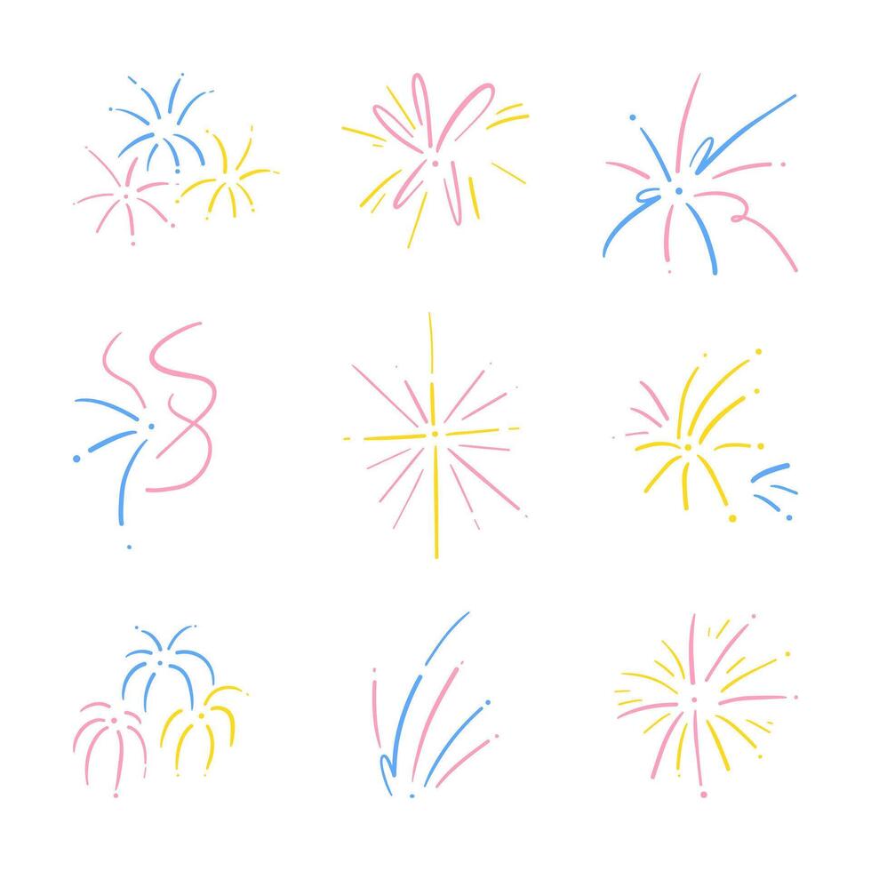 Vibrant Festive Fireworks Collection Set. A set of 9 unique firework illustrations, showcasing various festive burst patterns, ideal for celebrations and holiday themes vector