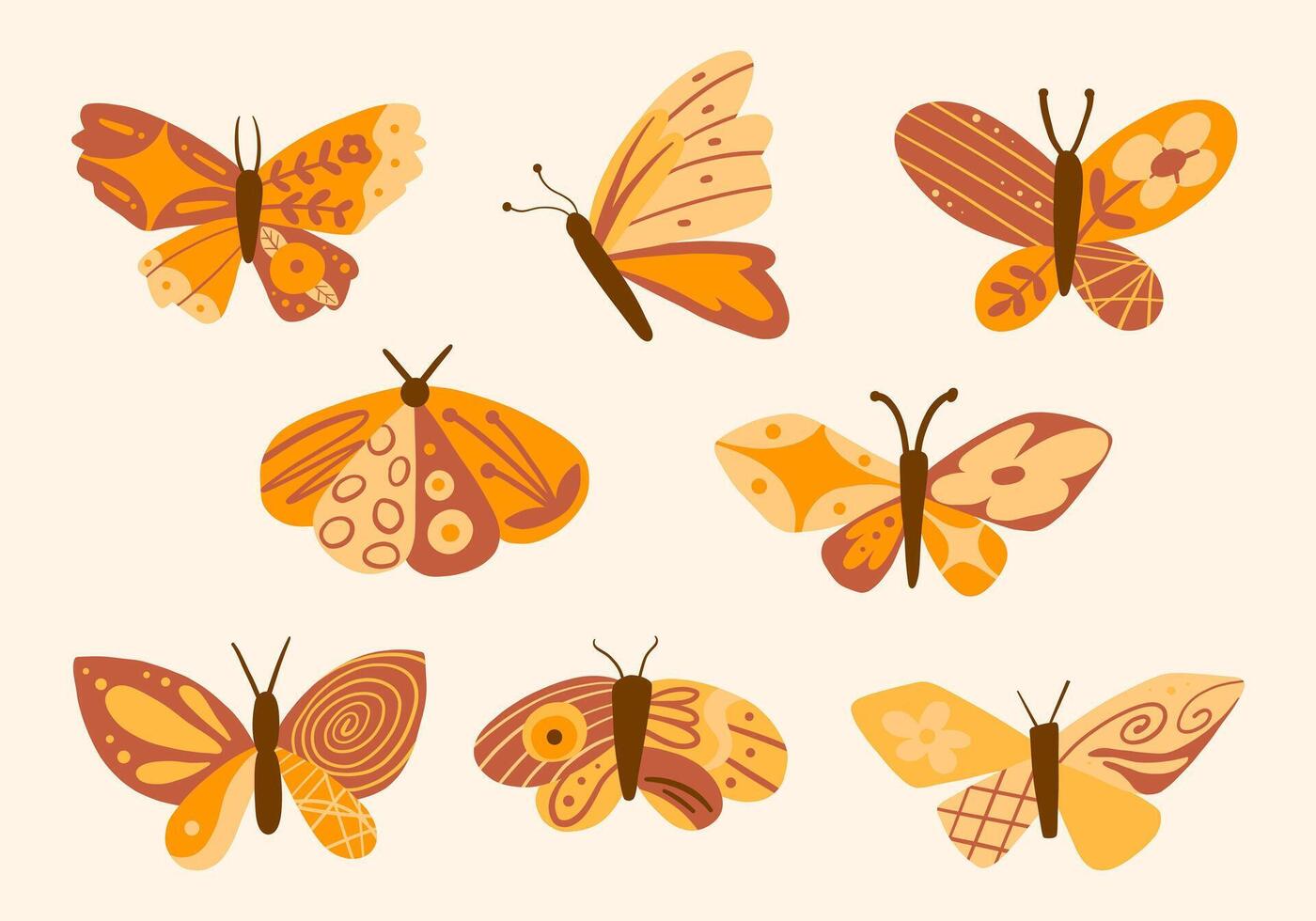 Decorative Butterfly Illustration Collection. A set of eight unique butterfly illustrations featuring floral, and abstract wing patterns. Perfect for artistic, decorative, and nature-inspired designs vector