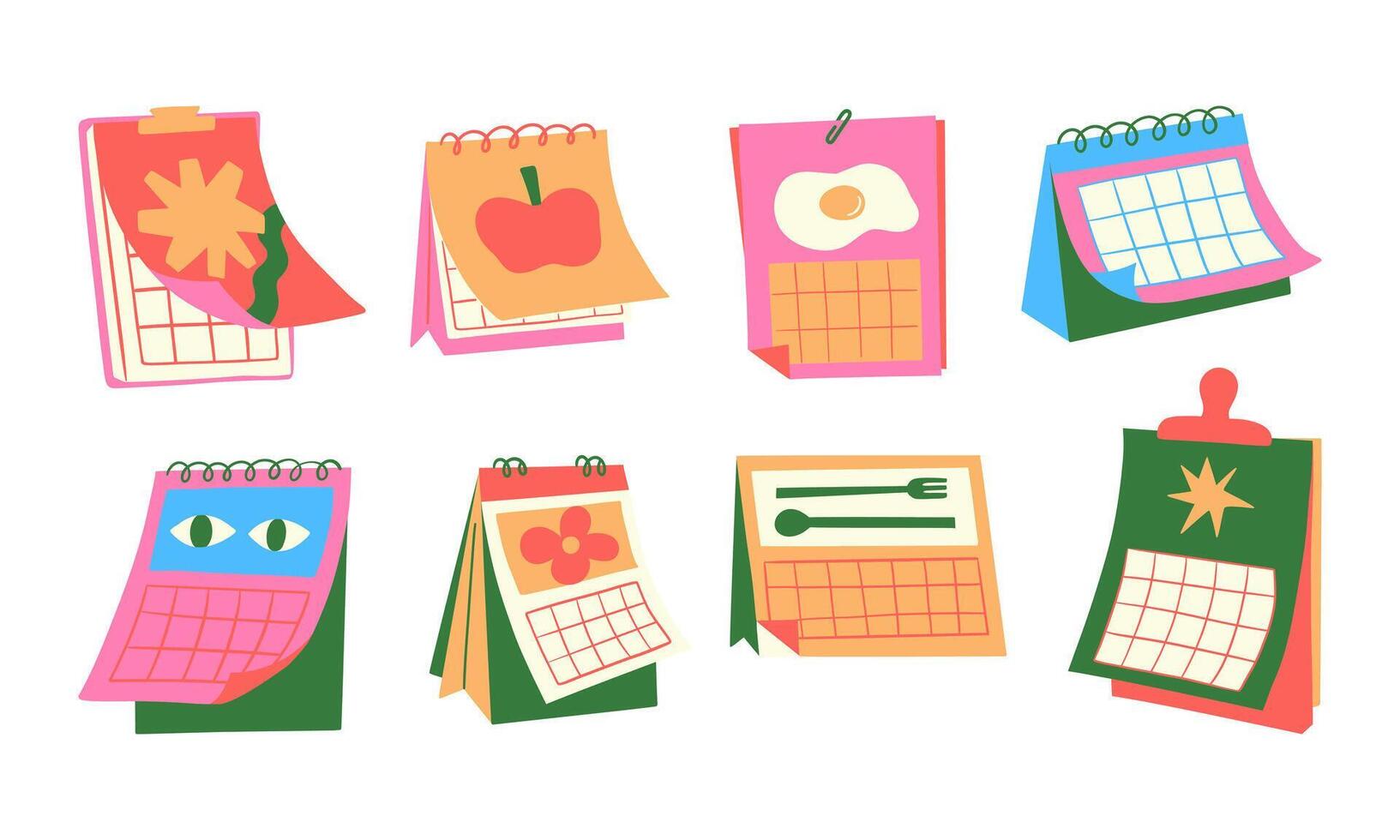 Vibrant Calendar Icons Set for the New Year. A set of 8 colorful and playful calendar icons representing the excitement of the new year, time transitions, and fresh starts vector