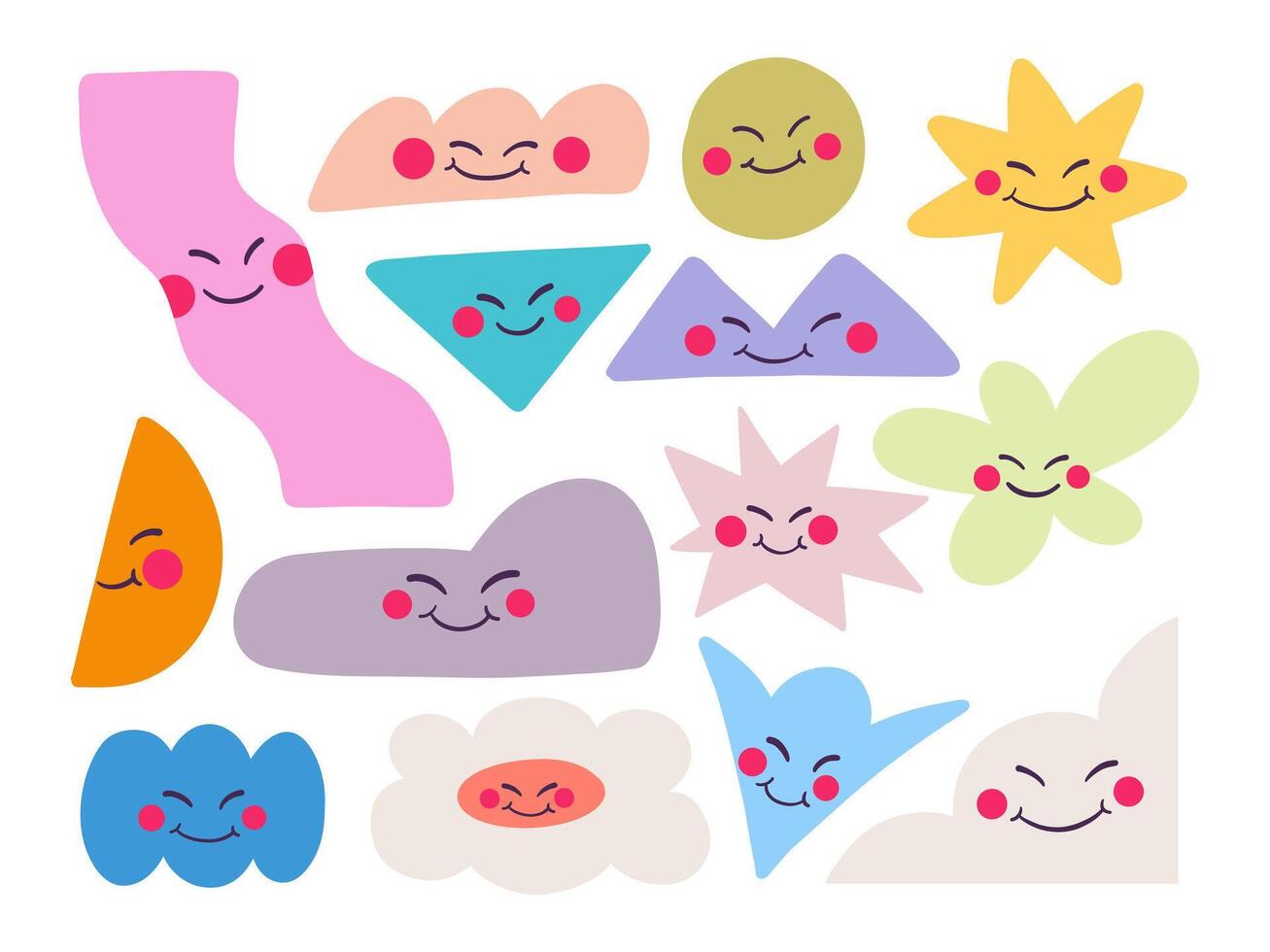 Cheerful Pastel Shapes with Faces Collection. A collection of 14 cheerful pastel shapes, featuring faces with rosy cheeks, including stars, clouds, and geometric design for playful and vibrant project vector