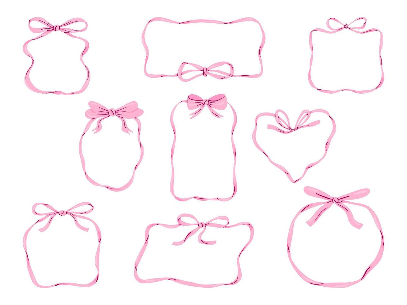 Pink Ribbon Frames with Bows Collection. A collection of 9 pink ribbon frames, featuring bows and flowing edges in heart, round, and rectangular shapes for elegant and feminine designs vector