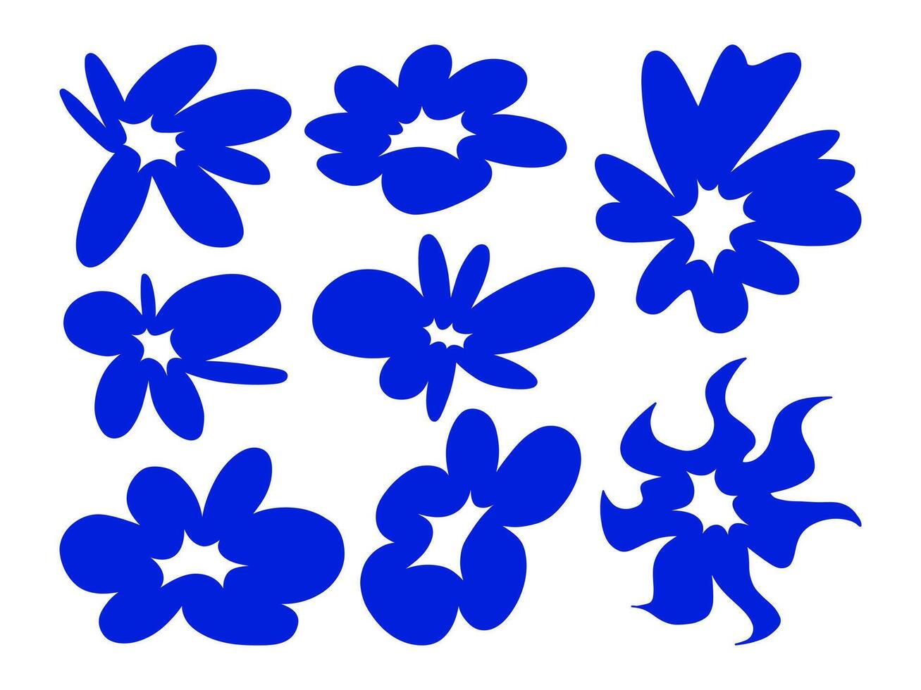 Abstract Blue Starburst Flower Icon Bold. A striking collection of abstract blue flower icons with starburst centers, featuring bold and dynamic shapes, perfect for modern and artistic projects vector