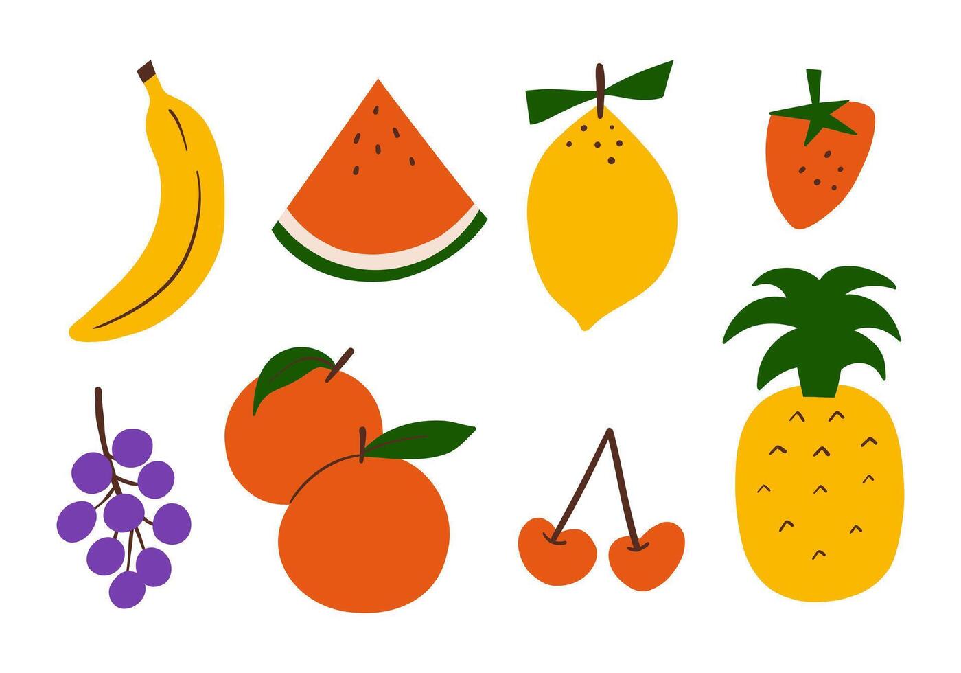 Hand Drawn Fruit Illustration Set. A collection of 8 unique, hand-drawn fruit illustrations, suitable for designs, packaging, and educational materials vector