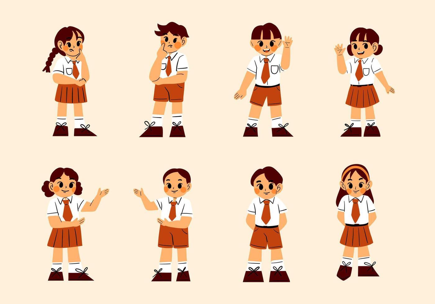 School Children in Uniform Illustration Set. A set of eight illustrations featuring schoolchildren in uniforms, showcasing cheerful and thoughtful poses. Perfect for education themes vector