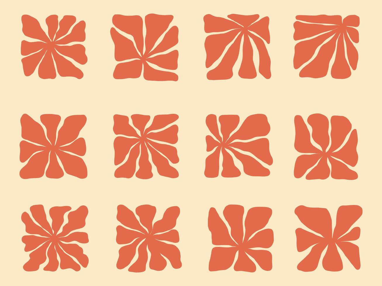 Retro Abstract Floral Swirl Tile Set. A collection of retro-inspired abstract floral swirl tiles with organic, flowing petal-like shapes. These dynamic and artistic elements vector