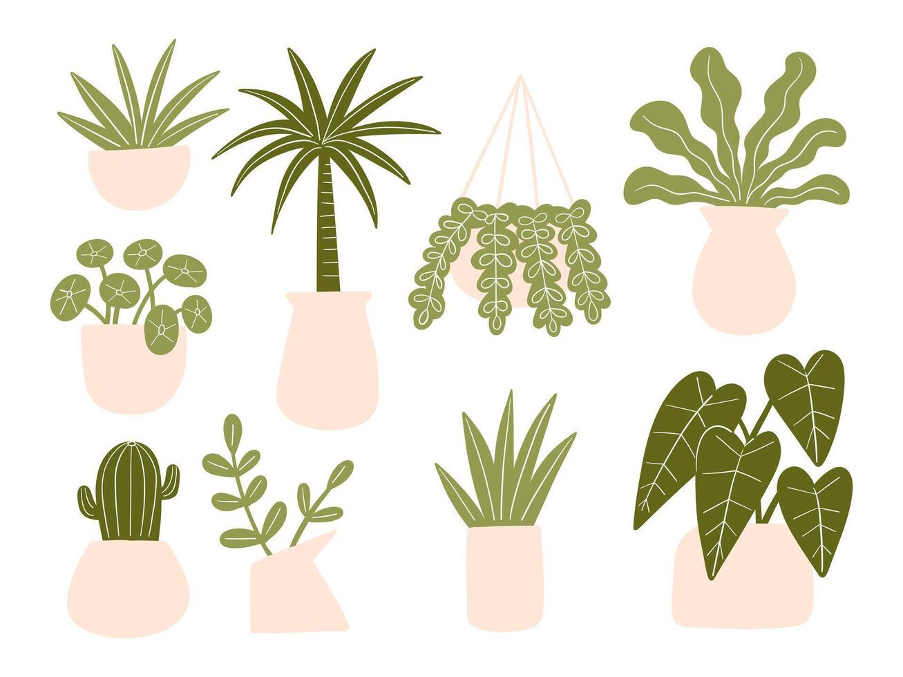 Minimalist Potted Houseplants Illustration. A collection of 9 minimalist potted houseplant illustrations in earthy green tones. Features various indoor plants. Perfect for botanical designs vector