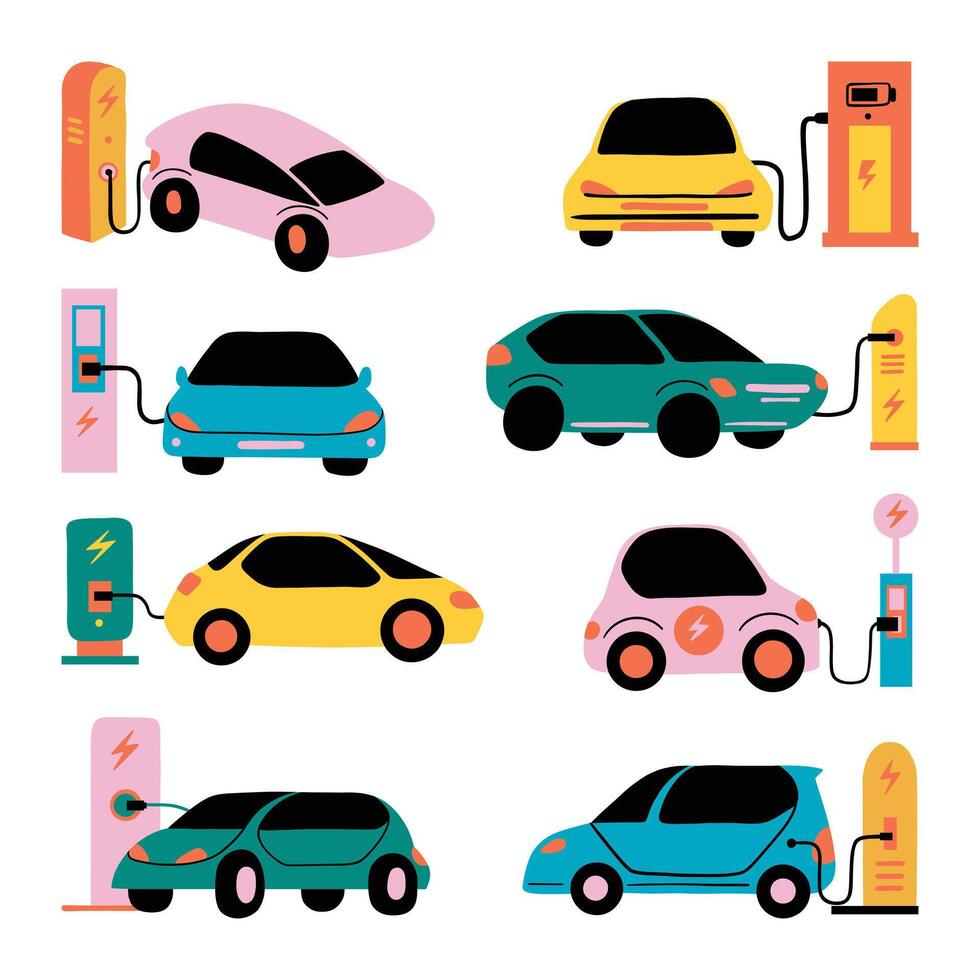 Set of Electric Vehicle Charging Station. A collection of 8 electric vehicle charging station illustrations, showcasing modern designs and energy-efficient technology vector