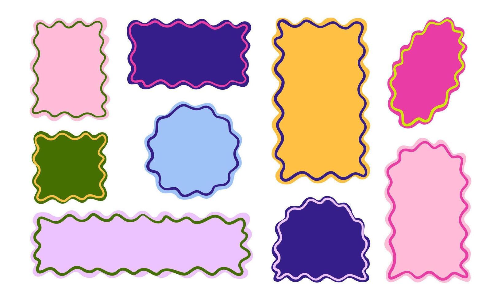 Wavy Frame Shapes Colorful Abstract Border. A collection of 9 wavy frame shapes in vibrant colors with layered outlines. Perfect for social media graphics, and creative branding elements vector