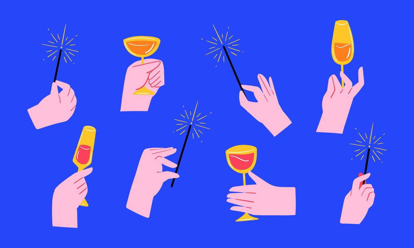 Hand Sign Illustrations for New Year Celebrations with Sparklers and Drinks. A set of 8 festive hand sign illustrations featuring champagne toasts, sparklers, and celebratory drinks vector