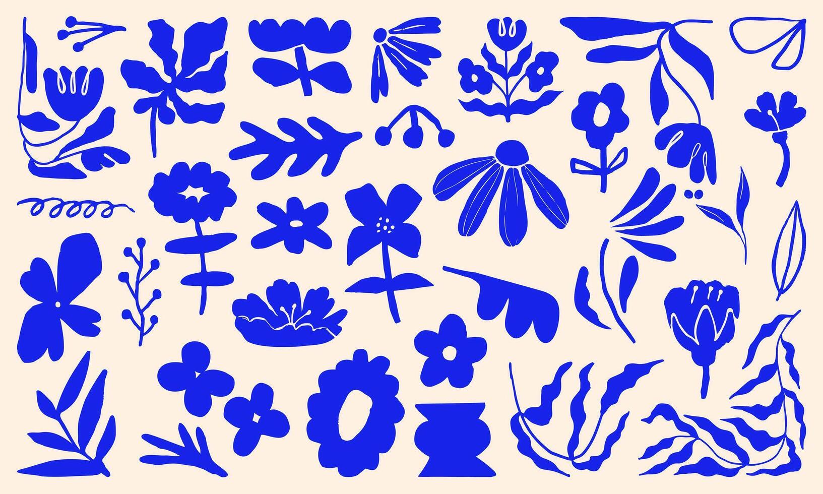 Set of abstract paper cut-out flower and leaf shapes with hand-drawn doodle elements. Featuring exotic jungle leaves, flowers, and plants in a modern, contemporary, and trendy style vector