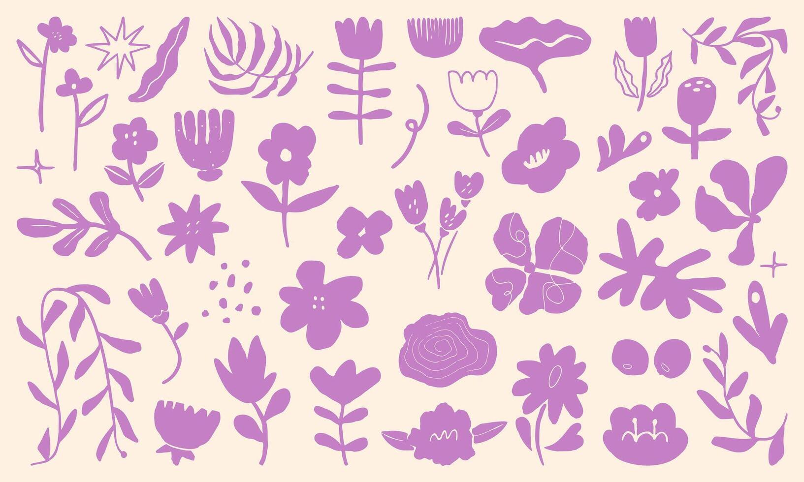 Set of abstract paper cut-out flower and leaf shapes with hand drawn doodle elements. Featuring exotic jungle leaves, flowers, and plants in a contemporary, modern, and trendy illustration style. vector