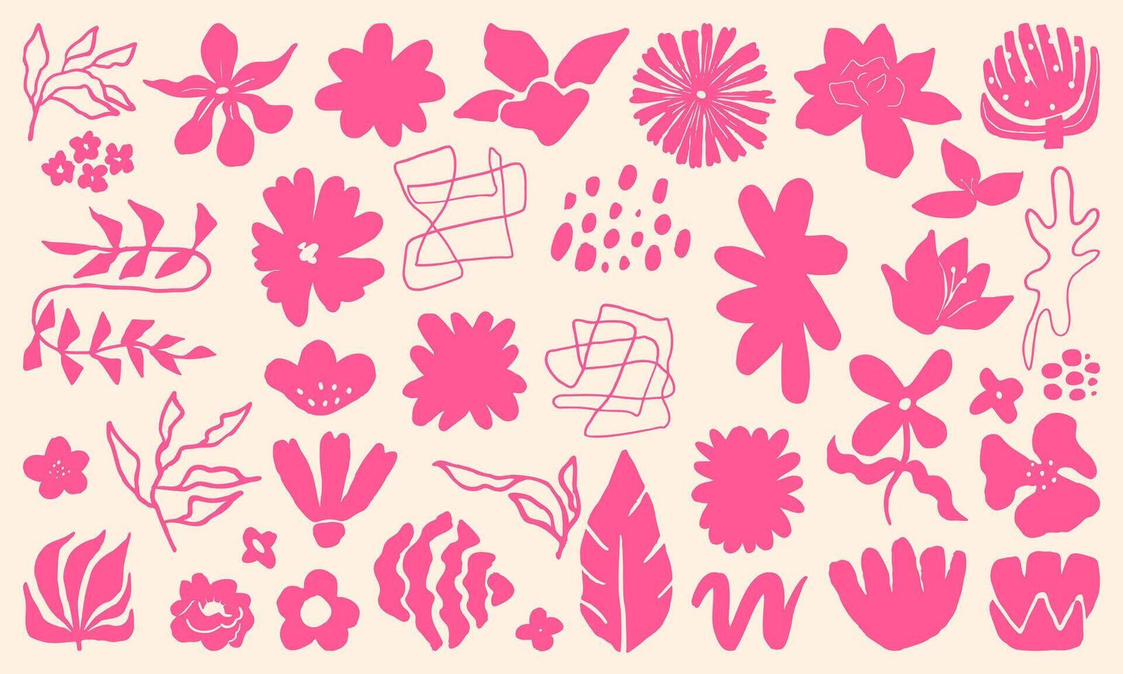 Set of abstract paper cut-out flower and leaf shapes with hand drawn doodle elements. Featuring exotic jungle leaves, flowers, and plants in a modern, contemporary, and trendy style. vector