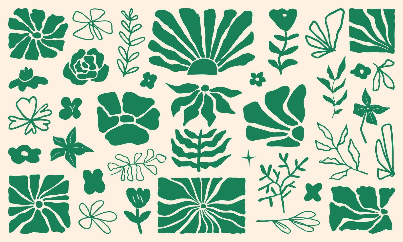 Abstract paper cut-out flower and leaf shapes with hand drawn doodle elements. Featuring exotic jungle leaves, flowers, and plants in a modern, trendy illustration style. vector