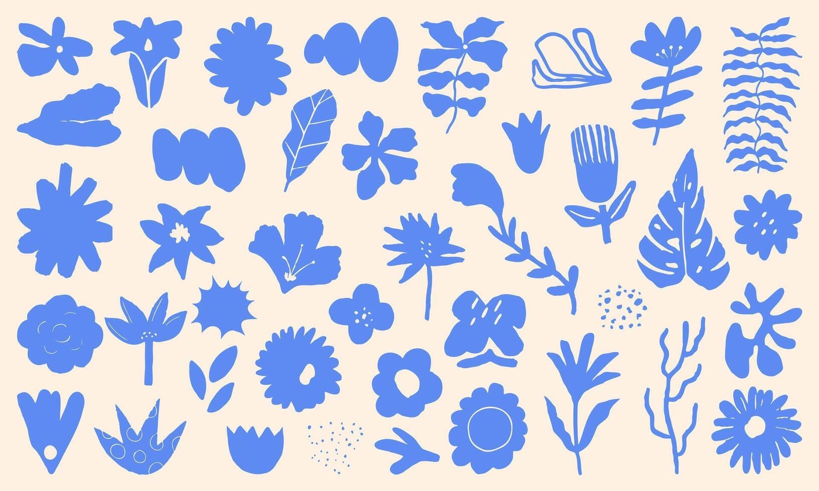 Set of abstract paper cut-out flower and leaf shapes with hand-drawn doodle elements. Featuring exotic jungle leaves, flowers, and plants in a contemporary, modern style. vector