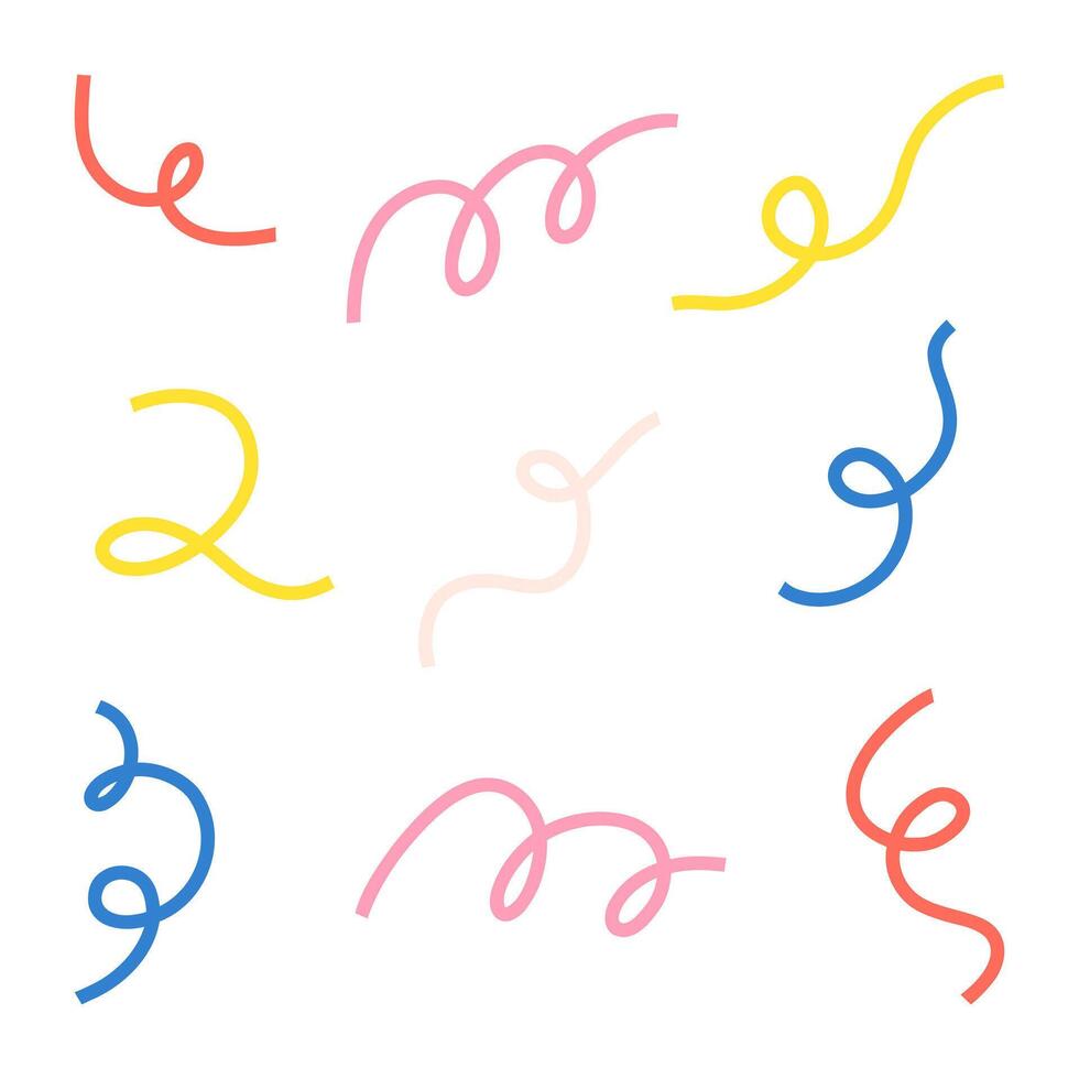 Curly and Swirly Line Elements. A set of nine playful curly and swirly line elements in various shapes and orientations, perfect for backgrounds, graphic accents, or creative design projects vector