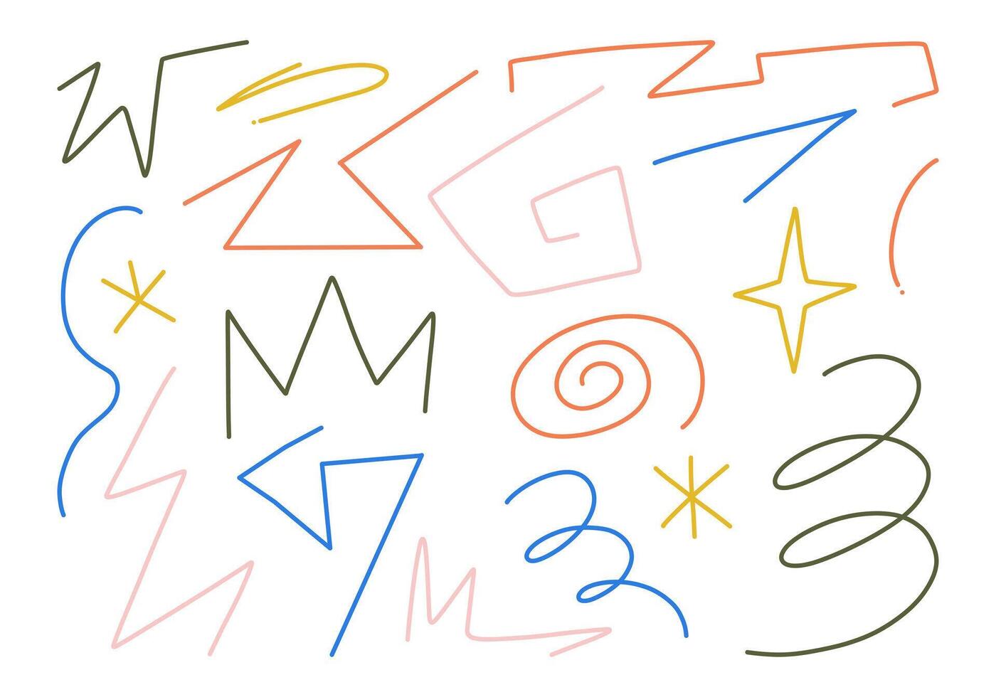 Hand Drawn Abstract Shapes Spirals Stars Design. A hand-drawn abstract shape and line, featuring zigzag, spirals, star, and curves, ideal for modern patterns, artistic designs, and unique compositions vector