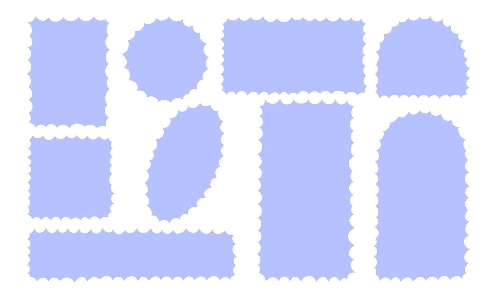 Collection of 9 scalloped frame shapes in soft pastel blue. Perfect for labels, decorative borders, scrapbooking, digital design, and creative layouts. vector