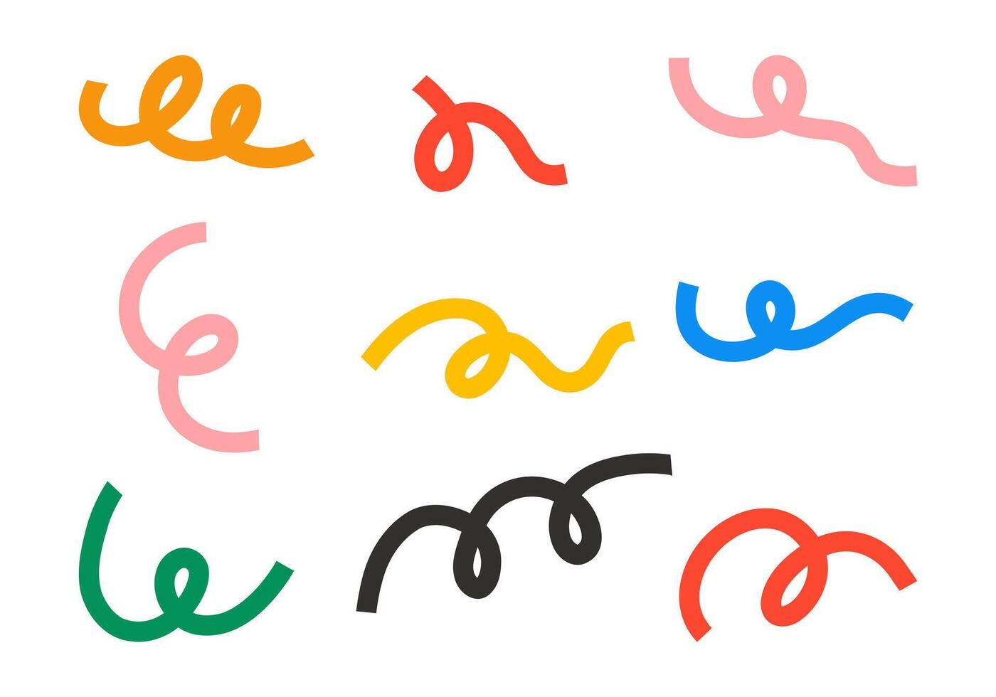 Abstract Curly Line Collection. A set of nine thick, curly line elements in various shapes, ideal for abstract designs. Perfect for adding a playful, modern touch to creative projects vector