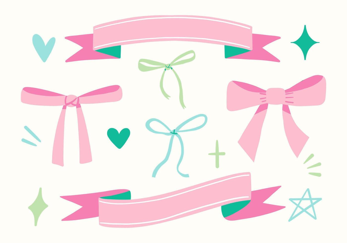 Decorative ribbons bows hearts and shapes. A collection of 14 hand drawn decorative elements including ribbons, bows, hearts, and sparkles, ideal for creative projects vector