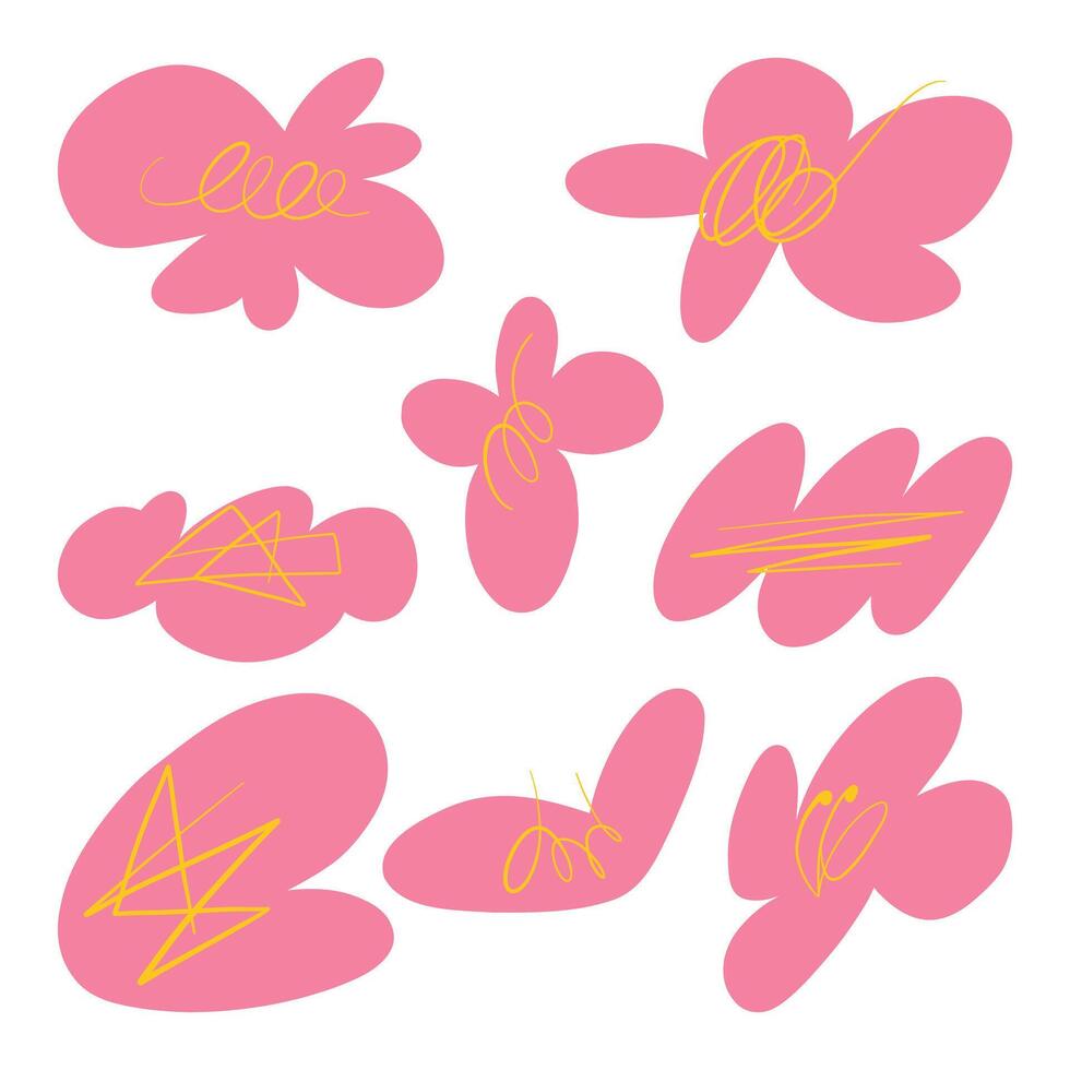 Abstract Pink Blob Icon Yellow Line Accents. A playful collection of abstract pink blob shapes accented with dynamic yellow lines, perfect for creative and modern design projects vector