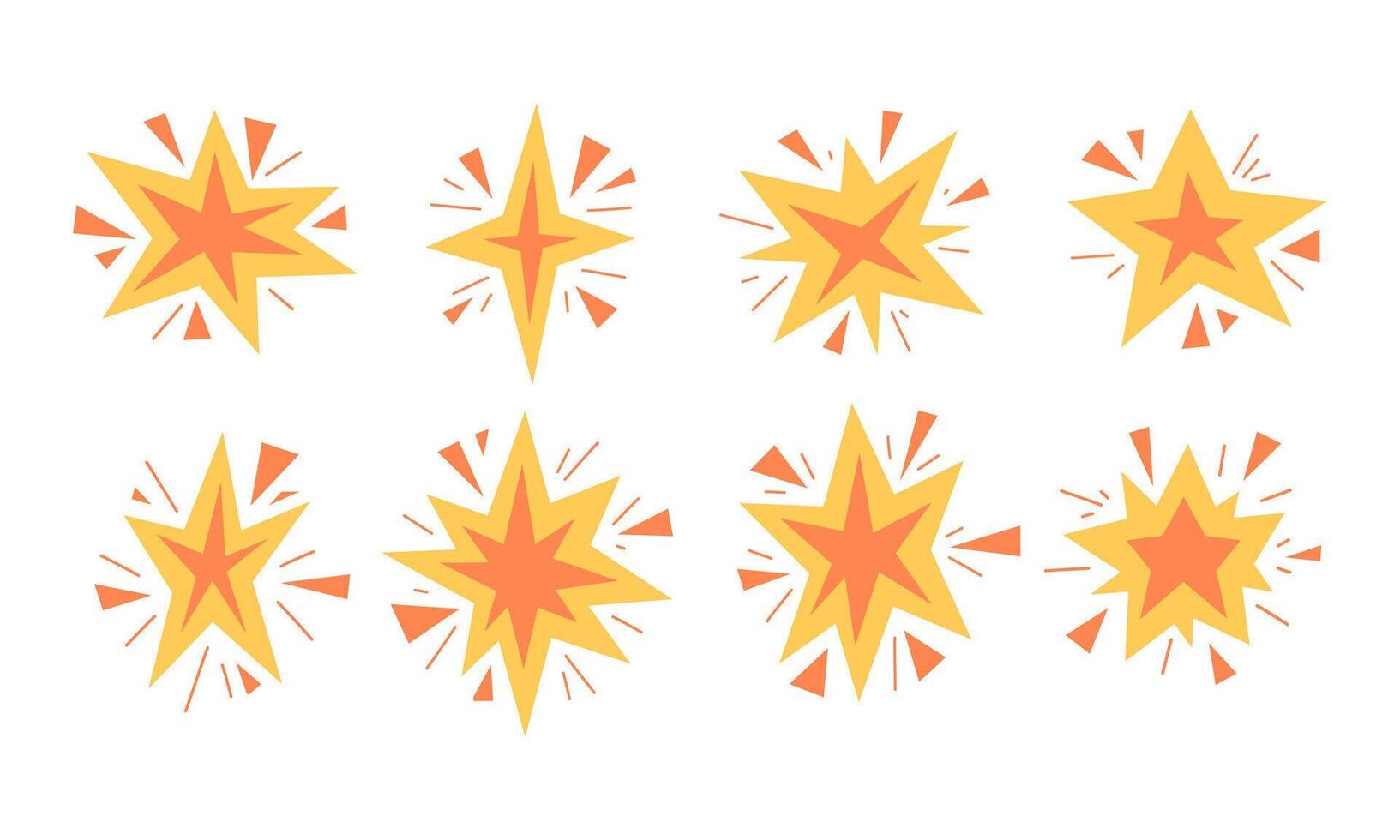 Exploding Starburst Comic Style Impact. A collection of 8 dynamic exploding starburst shapes in bold yellow and orange tones. Perfect for comic-style effects, stickers, and energetic graphic designs vector