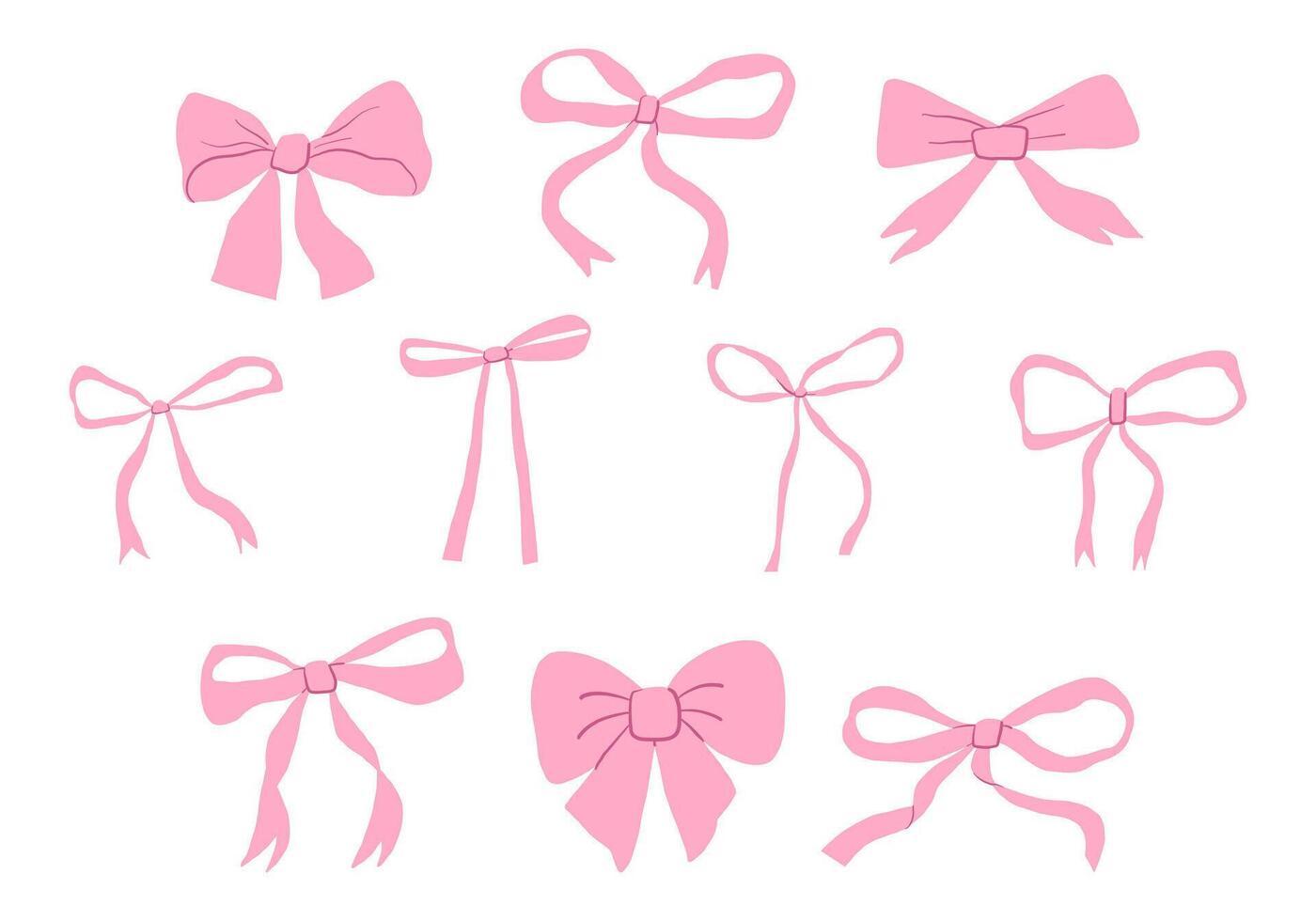 Elegant Ribbon Bow Stylish Loops and Tails. A collection of 10 hand-drawn ribbon bows, featuring various loop and tail styles, perfect for creative, decorative, and feminine designs vector