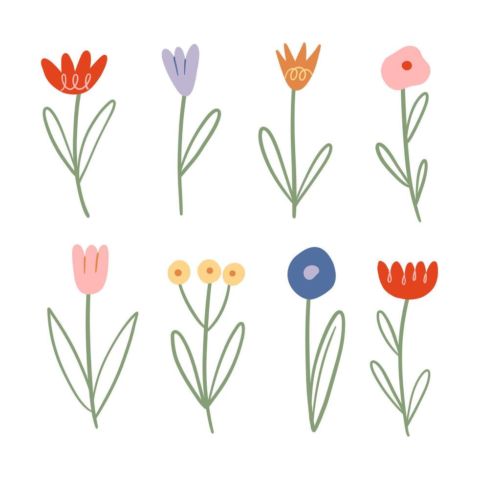 Versatile collection of hand drawn floral illustrations featuring eight flowers in a clean and modern style. Perfect for decoration, crafts, and creative projects in various themes. vector