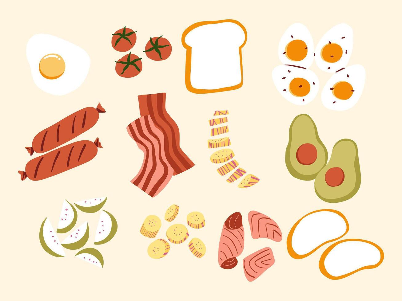 Breakfast Food Illustration Collection. A collection of 12 hand-drawn breakfast food elements, including eggs, bread, and fruit slices, perfect for cozy and culinary designs vector